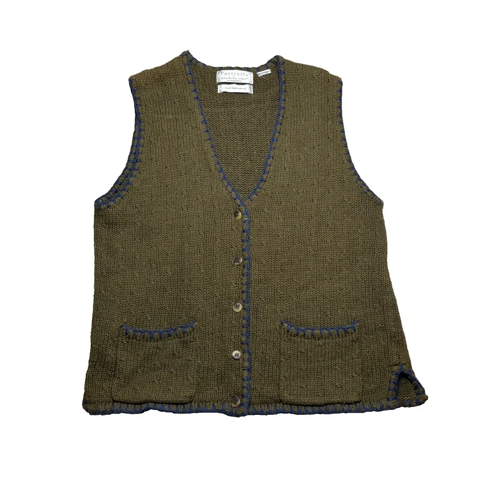 Vtg Portraits By Northern Isles Hand Embroidered Sweater Vest Womens S/M Green